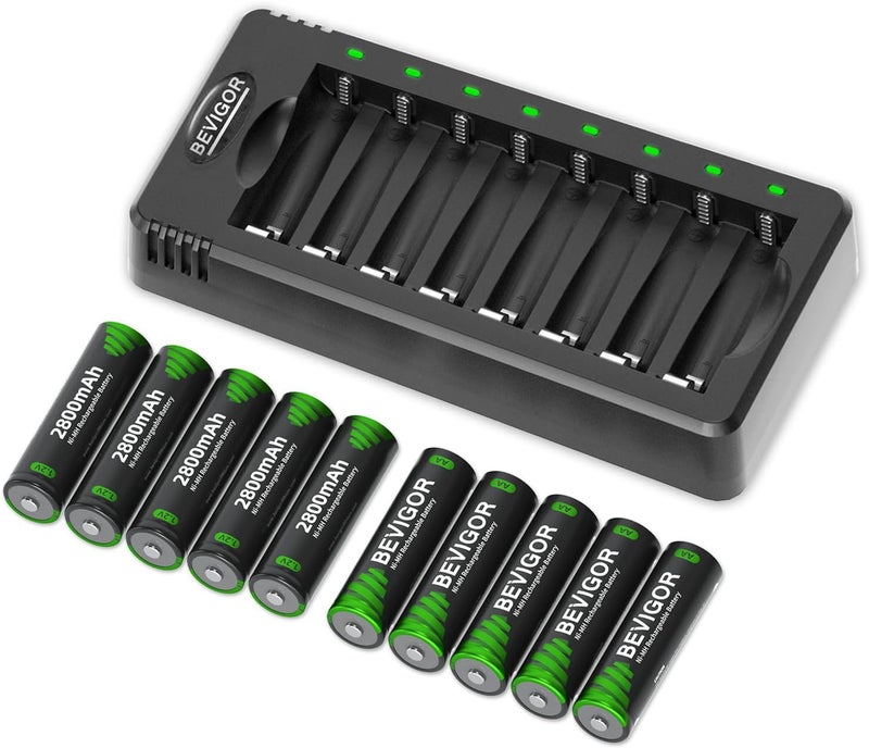 BEVIGOR Rechargeable AA Batteries with Charger, 10 Pack 2800mAh High Capacity Ni-MH Double A Batteries with Smart 8 Bay Smart Battery Charger, USB Fast Charging - Image 1